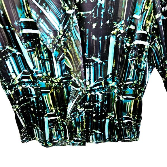 Worthington Women's L Tall Long Sleeve Abstract Button Up Black Blue Disco Top - Picture 4 of 7